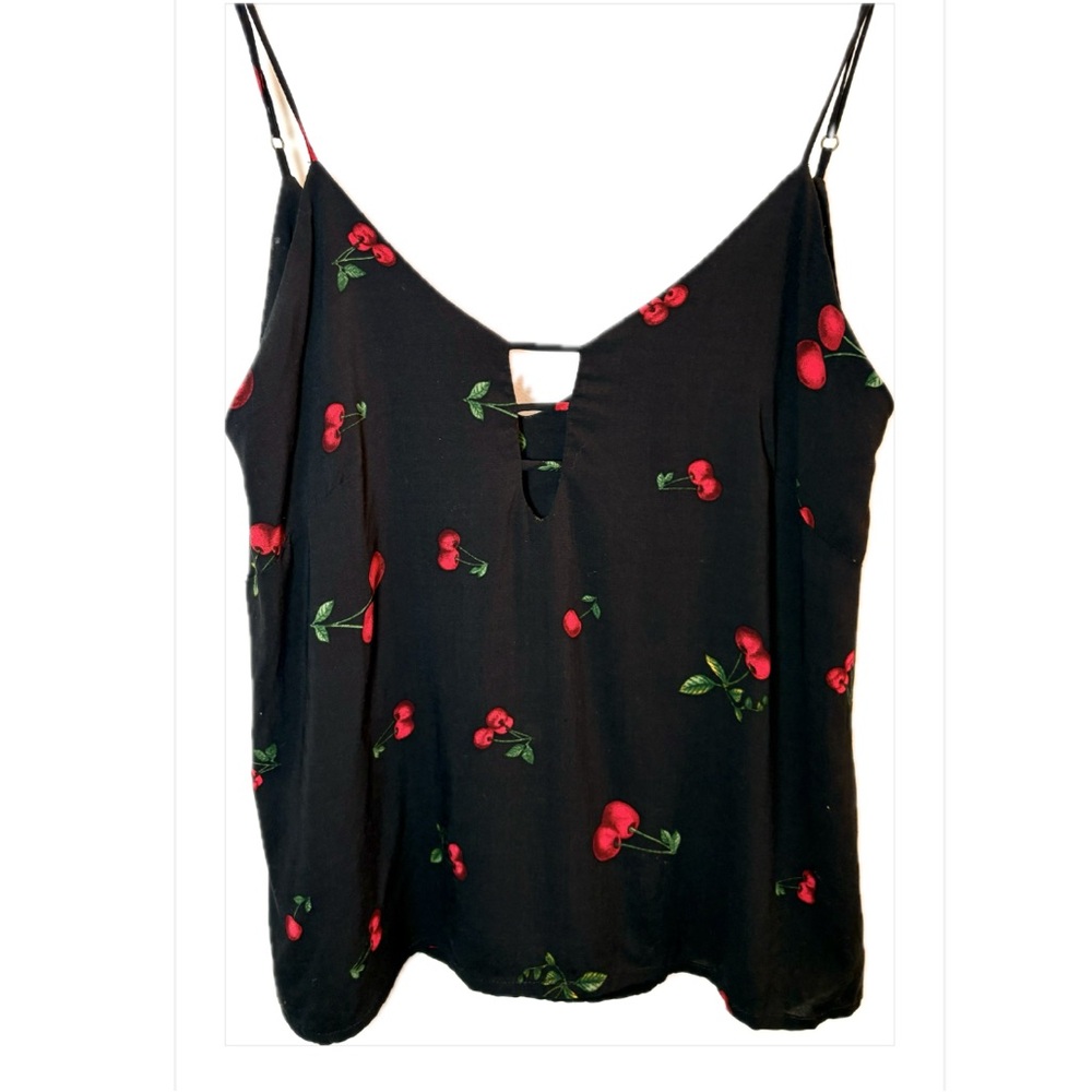 Farm Rio Pitanga Cherry Print Tank Top Small Black Red Adjustable Straps